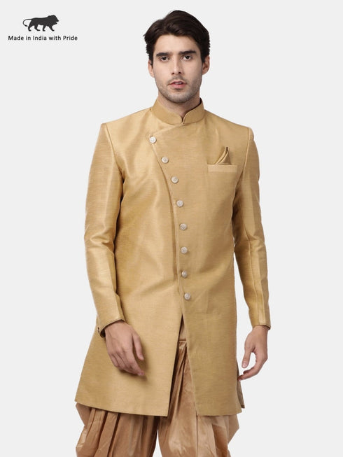 VASTRAMAY Men's Beige Silk Blend Sherwani Only Top